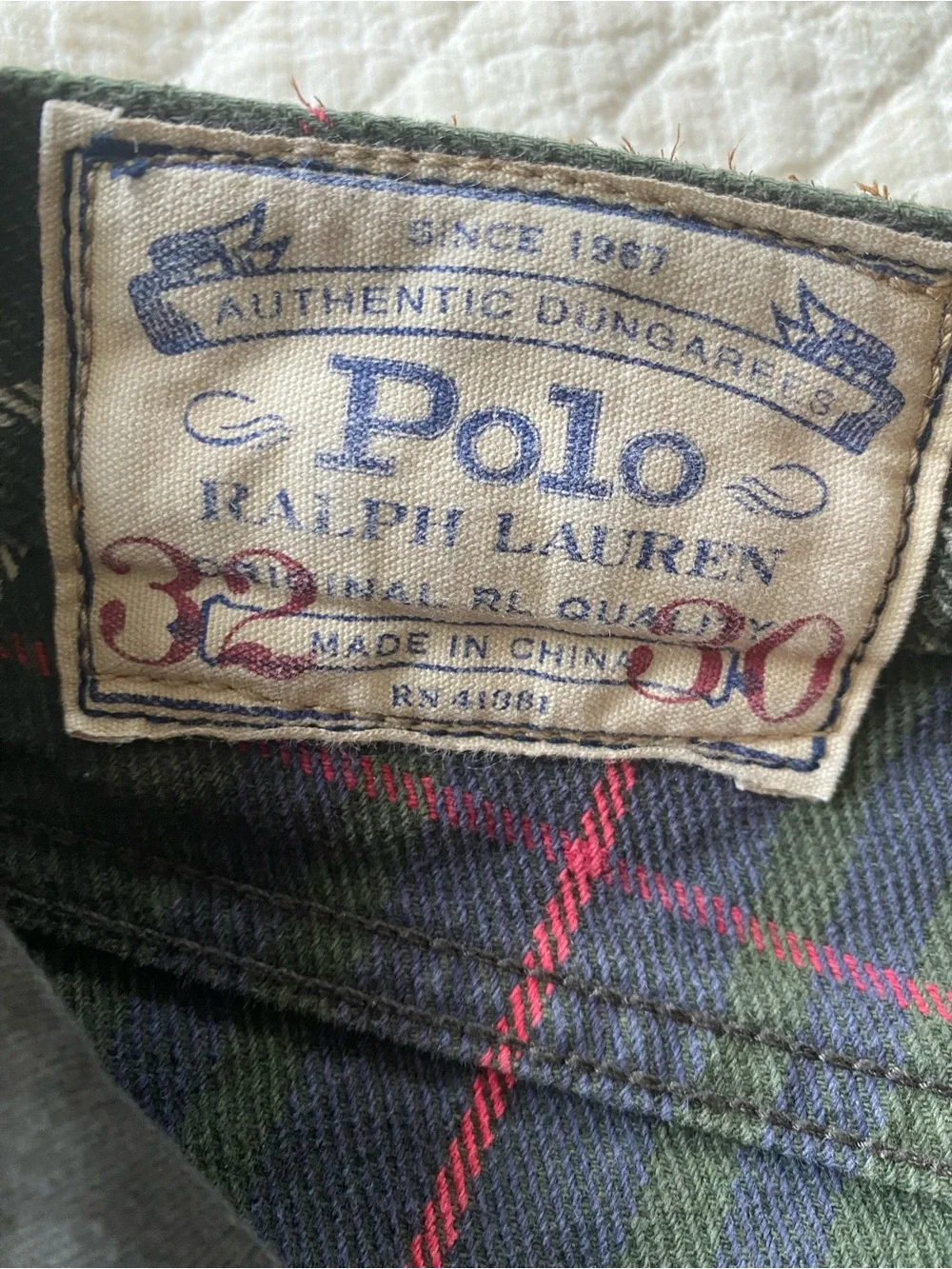 VTG Polo Ralph Lauren Varick Slim Straight Green Plaid Tartan Pants Preppy 32x30